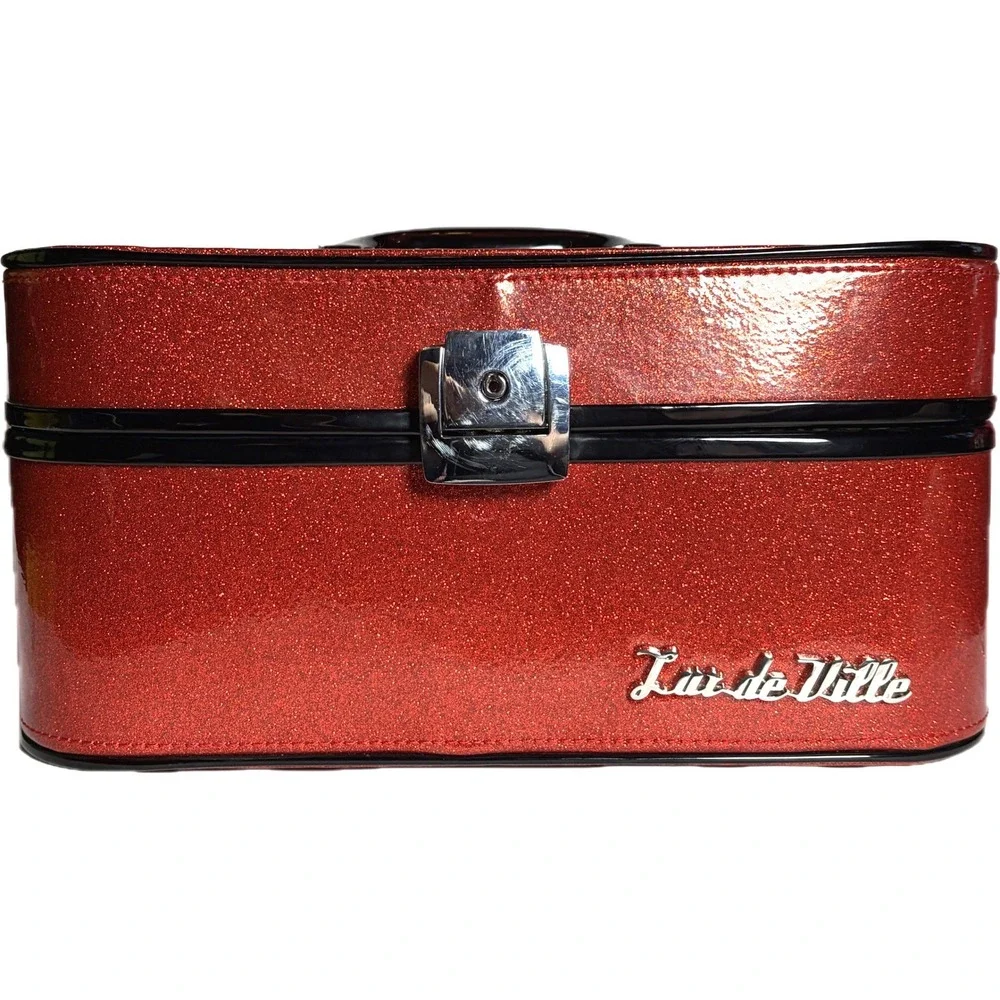 Lux de Ville Red Glitter Vanity Case Leopard Print Retro Pinup Makeup Trunk Bag